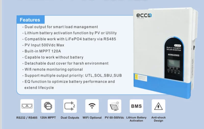 Ecco 6.2KVA / 6200W Hybrid Inverter 48V / 120A MPPT / Off-Grid -Pure Sine Wave - Image 2